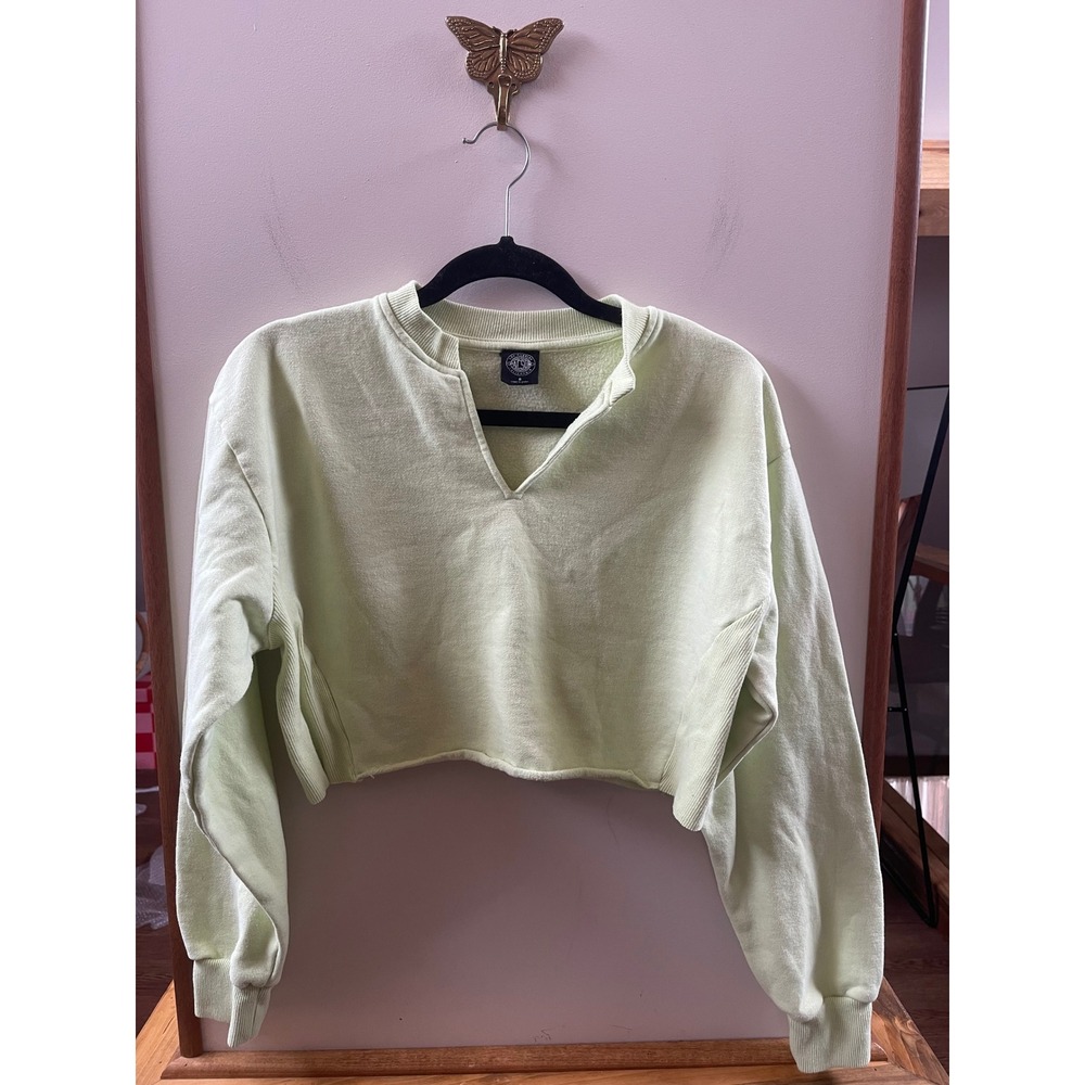 PacSun Cropped Sweatshirt Womens S Green Notched V-Neck Raw Hem